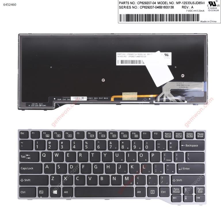 Keyboard Fujitsu E733 E734 E743 E744 E544 E736 Backlite Silver Frame US